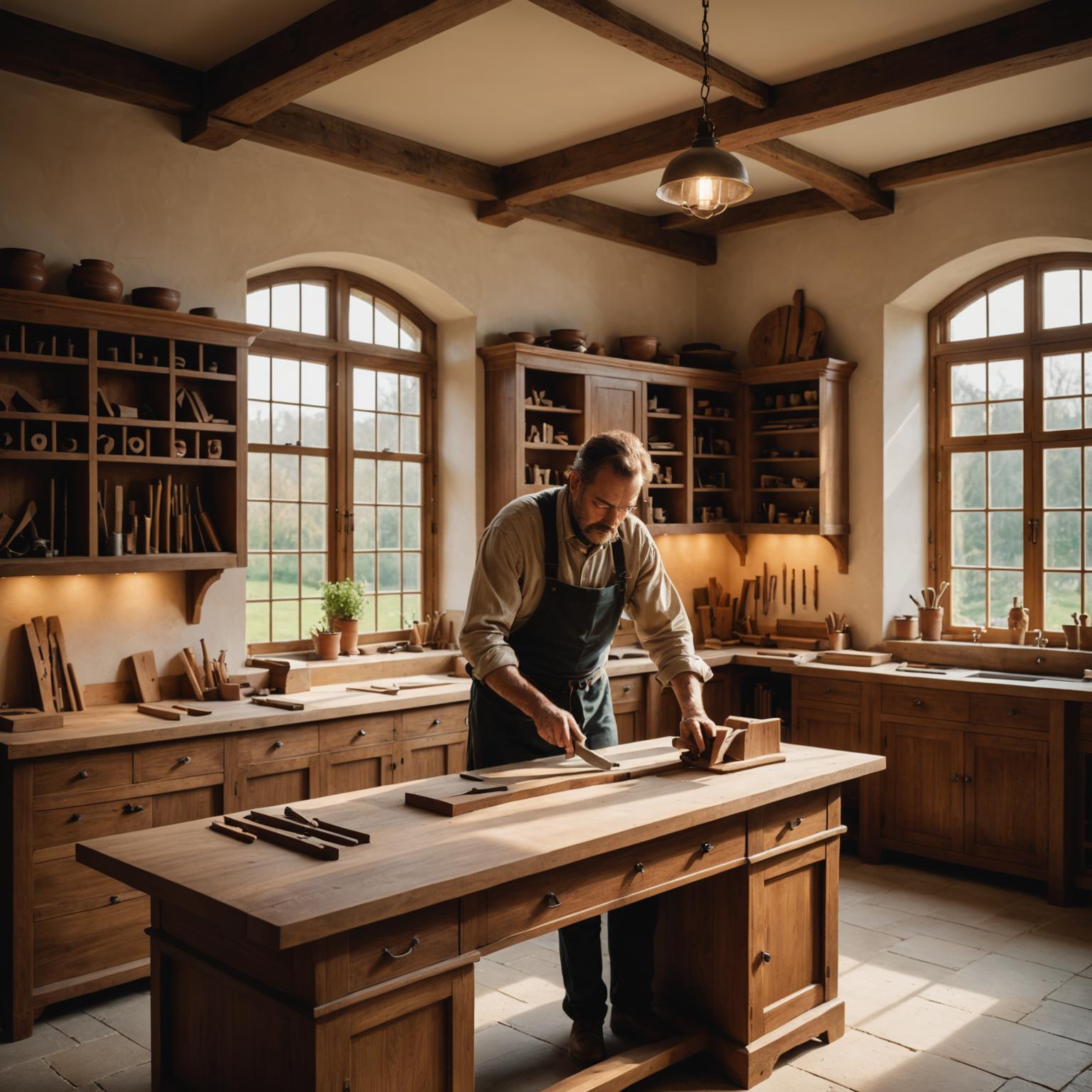 A craftsman finishing a walnut cabinet inside the BriqFlow Hackney workshop