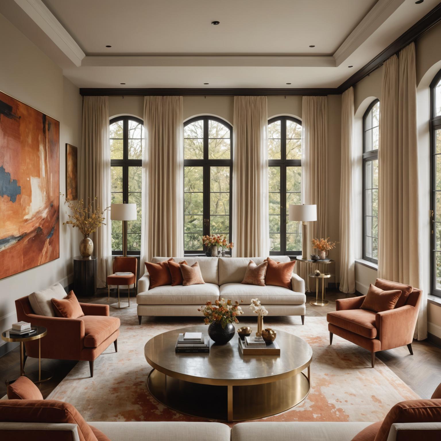 Living room with built-in walnut media wall and terracotta accents