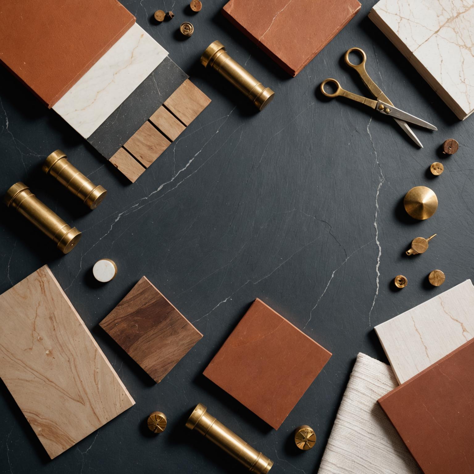 Material samples: walnut, oak, brass, terracotta, leather and marble