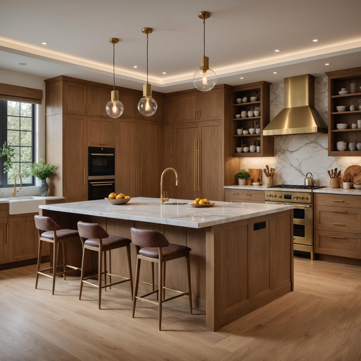 Bespoke oak kitchen island with brass fixtures and marble top
