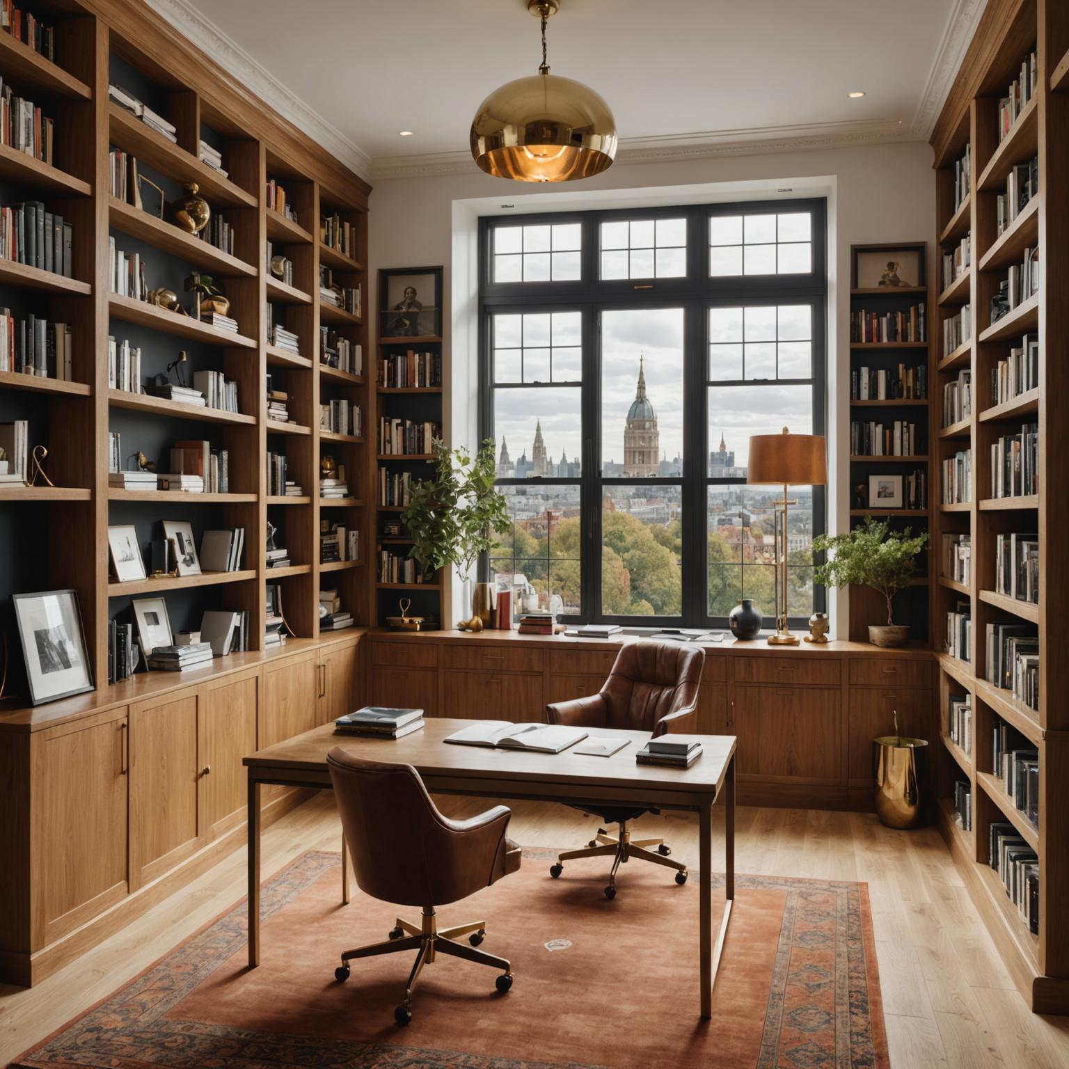 Custom oak desk with floor-to-ceiling bookshelves and library ladder