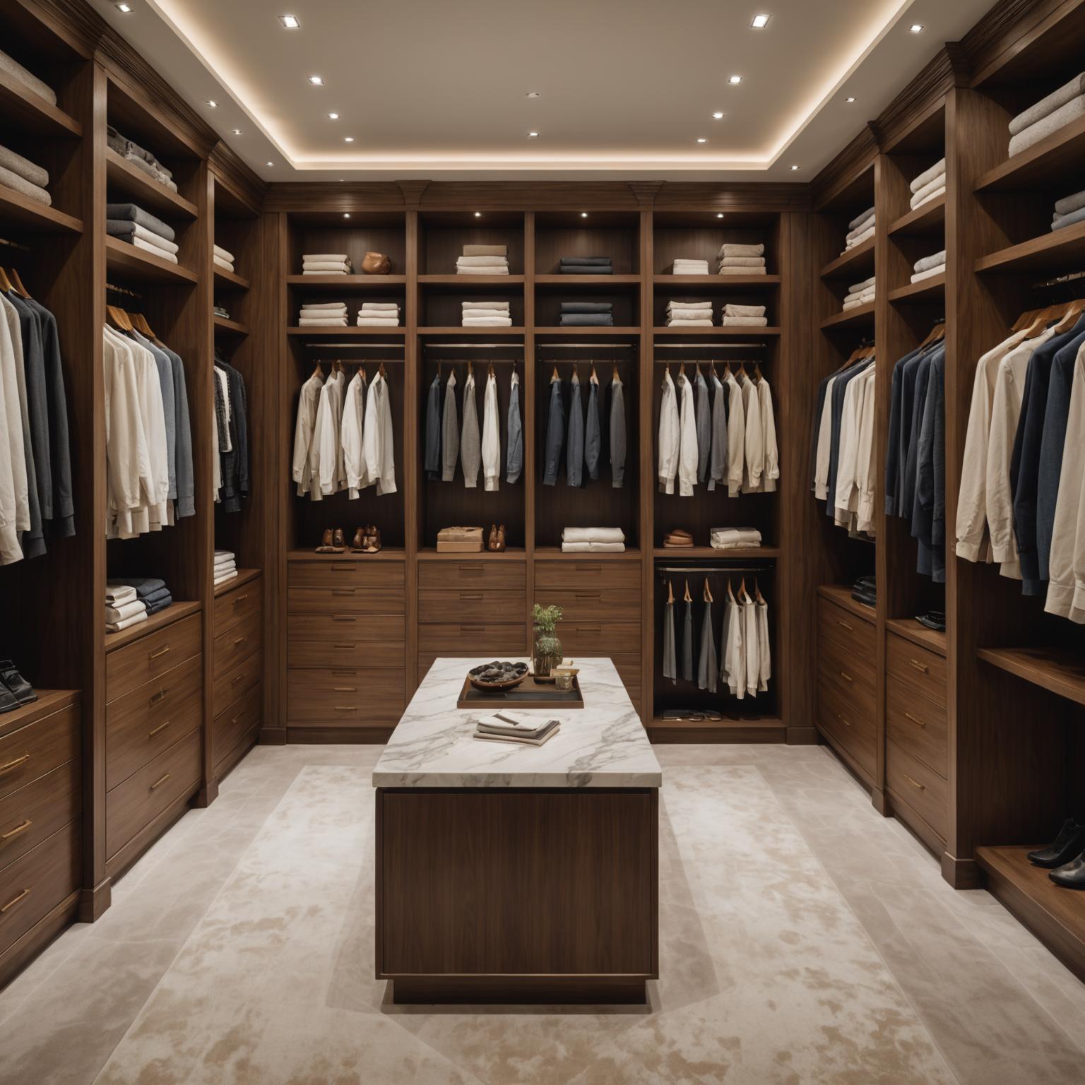 Walnut walk-in wardrobe with leather pulls and integrated lighting